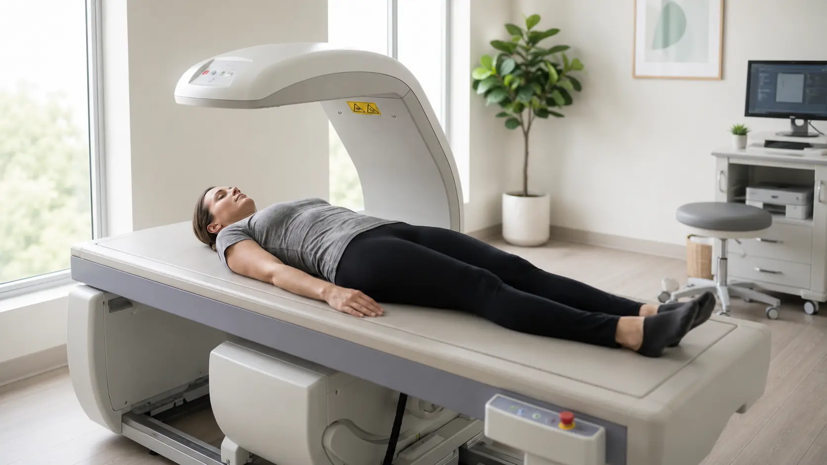 A person receiving a DEXA body composition scan